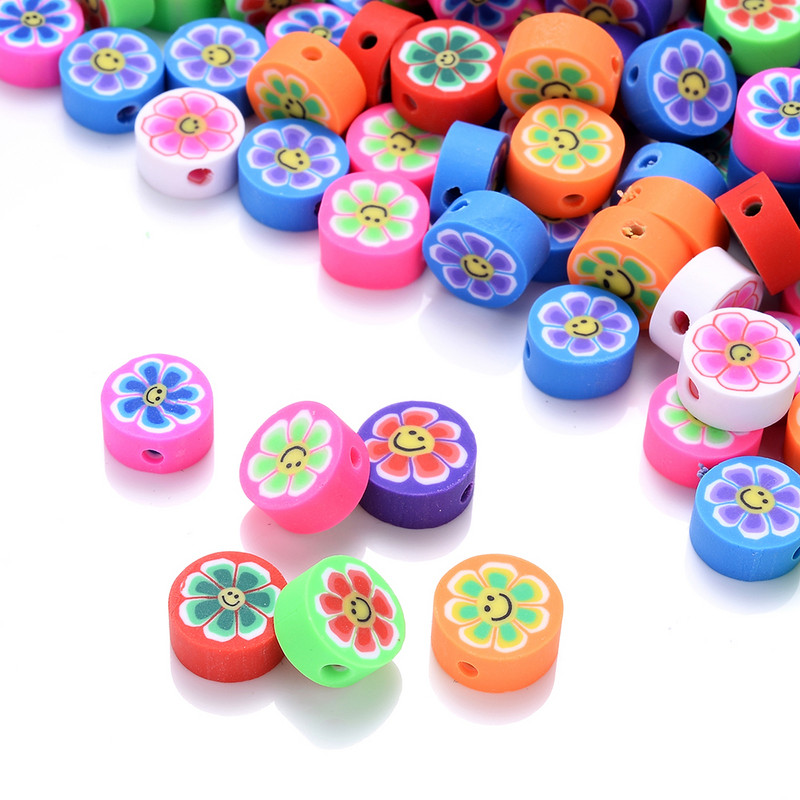 30 vnt saulėgrąžų šypsenėlių polimero molio karoliukai įvairiaspalviai apvalūs plokšti palaidi karoliukai, skirti apyrankėms auskarams gaminti, rankų darbo papuošalų reikmenys