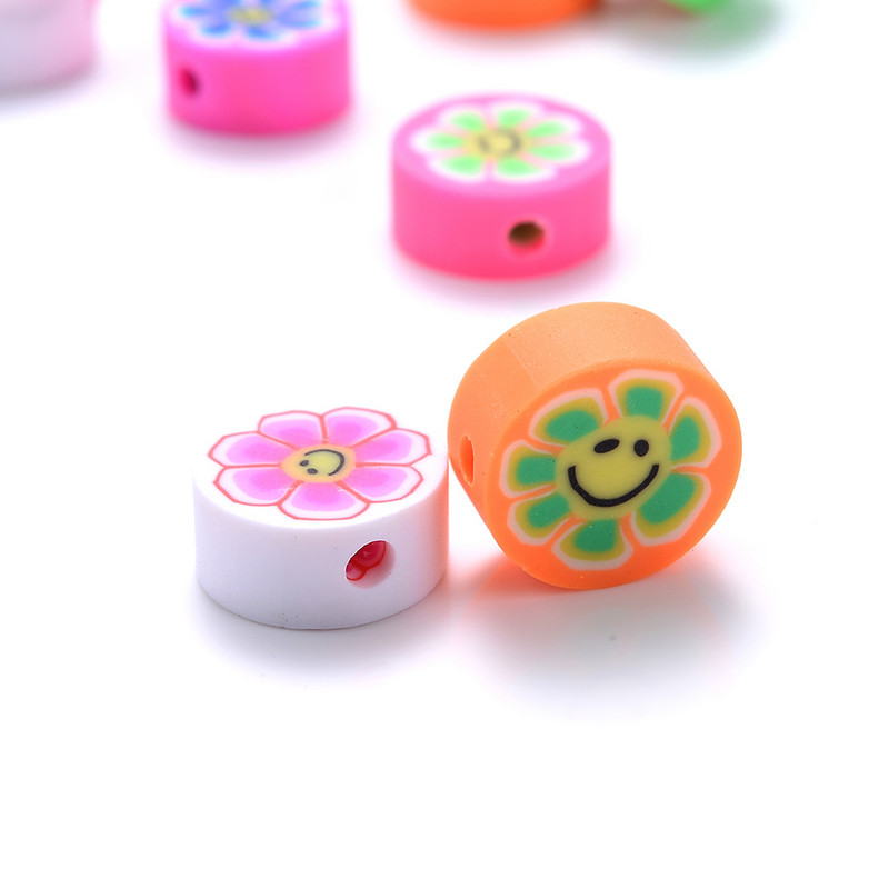 30 vnt saulėgrąžų šypsenėlių polimero molio karoliukai įvairiaspalviai apvalūs plokšti palaidi karoliukai, skirti apyrankėms auskarams gaminti, rankų darbo papuošalų reikmenys