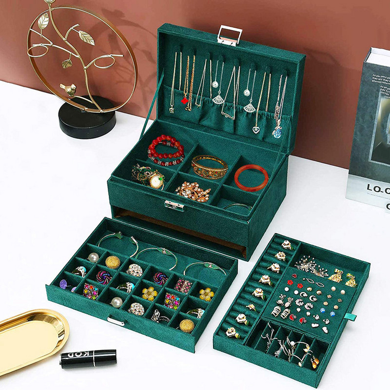 „Jaycas 2021“ naujas 3 sluoksnių papuošalų laikiklis didelis žiedas, vėrinys, makiažo laikiklis, žalias dėklas, aksominė dėžutė su užraktu moterims