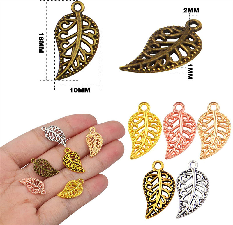 50db 10x18mm Filigrán Leaf Charms Medálok barkács nyaklánchoz kulcstartó telefon Ékszer készítés Kiegészítők Kézművesség