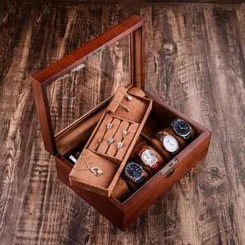 Κοσμήματα Ξύλινο ρολόι Ash με κλειδαριά Vintage γυαλί Διπλή στρώση Κουτί αποθήκευσης κοσμημάτων Θήκη Βραχιόλι Κολιέ Δαχτυλίδι στολίδι Δώρο