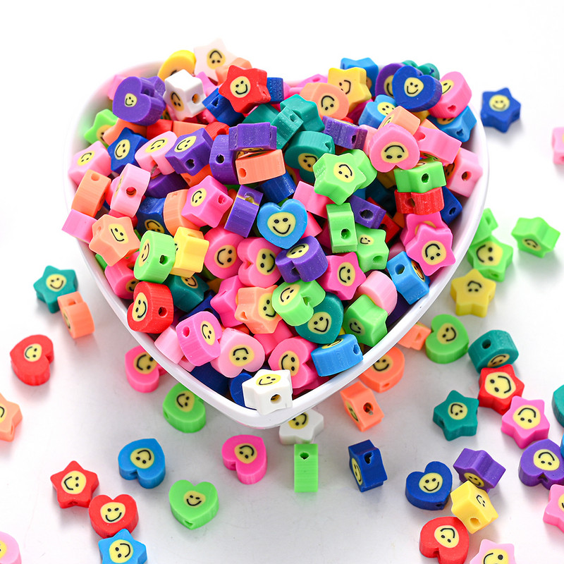 30/50/100 buc 10 mm argilă polimerică mixtă margele cu fața zâmbitoare în formă de inimă, mărgele libere de stea pentru fabricarea de bijuterii, bricolaj, colier, brățară