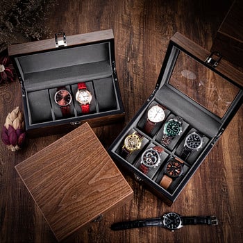 Ξύλινο ξύλο καρυδιάς Box Organizer Θήκη Ανδρικά ρολόγια καρπού μηχανικά ρολόγια πολυτελείας κουτιά αποθήκευσης ρολογιών βραχιόλι οθόνη γυάλινο κουτί δώρο