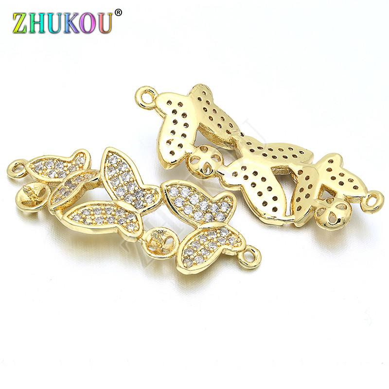 12 * 32 mm-es sárgaréz cirkónia három pillangós csatlakozóval Charms barkács ékszerlelet kiegészítők, modell: VS119
