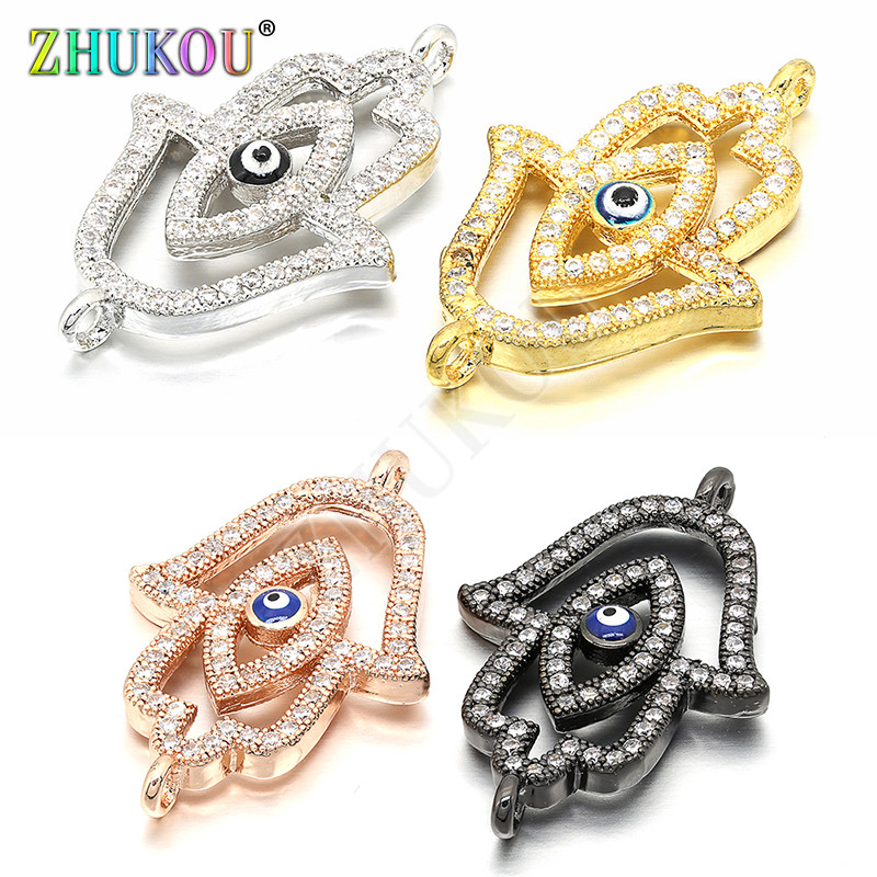 17 * 27 mm-es sárgaréz üreges Hamsa kéz gonosz szemű medálokkal csatlakozó barkács ékszerek készítéséhez, furat: 1,5 mm, modell: VS182