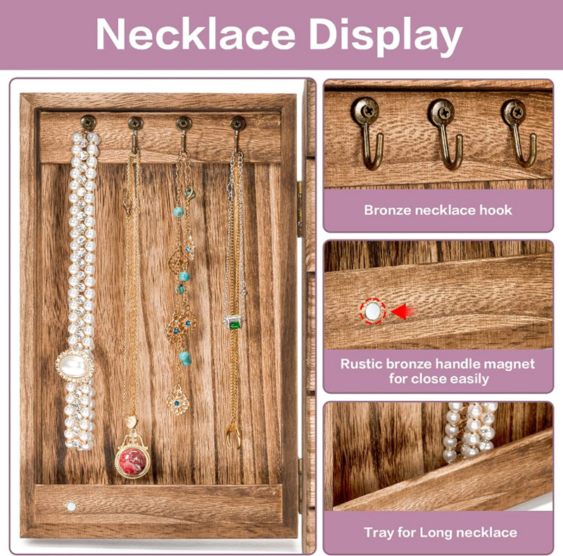 Cutie organizatoare mare cu 5 straturi Oglindă și 4 sertare pentru cercei inel, coliere, stil vintage, cutie de bijuterii din lemn incendiat, lemn pentru Wowen