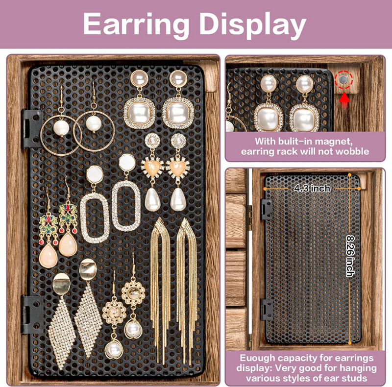 Cutie organizatoare mare cu 5 straturi Oglindă și 4 sertare pentru cercei inel, coliere, stil vintage, cutie de bijuterii din lemn incendiat, lemn pentru Wowen