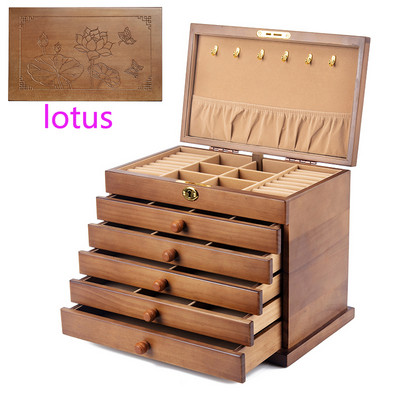 Medžio masyvo šešių sluoksnių brangakmenių dėžutė didelės talpos su užraktu Retro auskarai Auskarai karoliai papuošalai Dovanų raižyti papuošalų dėžutė