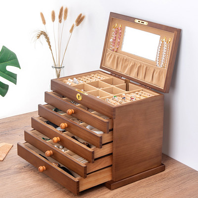 Medžio masyvo šešių sluoksnių brangakmenių dėžutė didelės talpos su užraktu Retro auskarai Auskarai karoliai papuošalai Dovanų raižyti papuošalų dėžutė