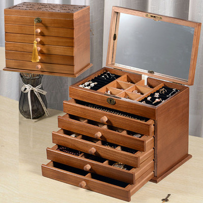 Medžio masyvo šešių sluoksnių brangakmenių dėžutė didelės talpos su užraktu Retro auskarai Auskarai karoliai papuošalai Dovanų raižyti papuošalų dėžutė