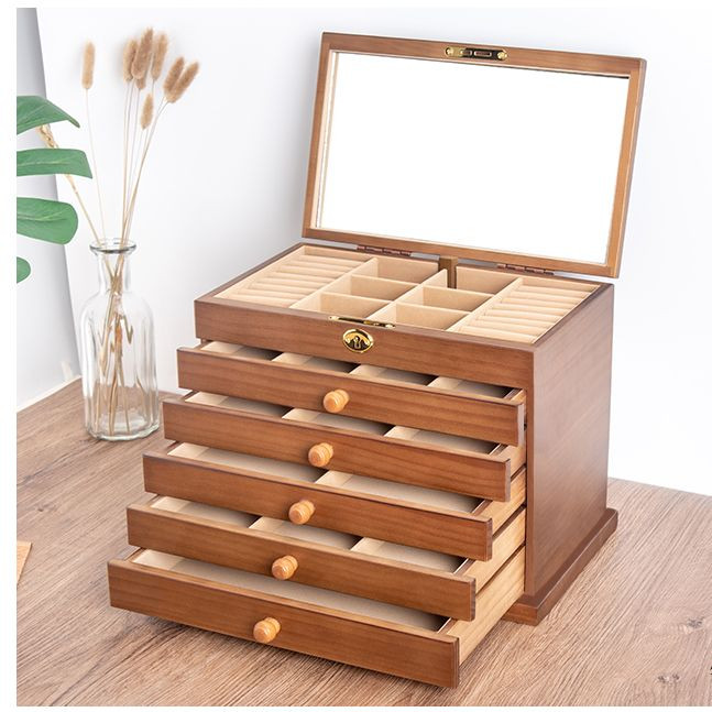 Medžio masyvo šešių sluoksnių brangakmenių dėžutė didelės talpos su užraktu Retro auskarai Auskarai karoliai papuošalai Dovanų raižyti papuošalų dėžutė