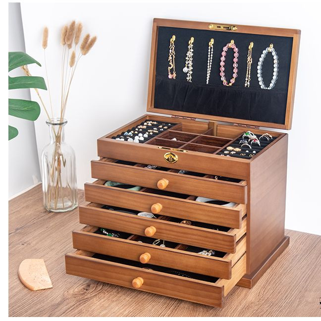 Medžio masyvo šešių sluoksnių brangakmenių dėžutė didelės talpos su užraktu Retro auskarai Auskarai karoliai papuošalai Dovanų raižyti papuošalų dėžutė