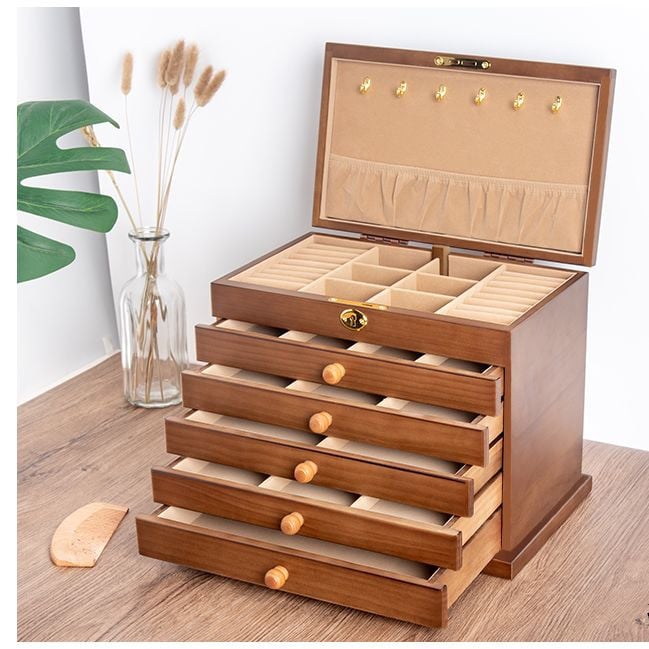 Medžio masyvo šešių sluoksnių brangakmenių dėžutė didelės talpos su užraktu Retro auskarai Auskarai karoliai papuošalai Dovanų raižyti papuošalų dėžutė