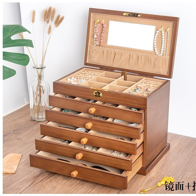 Medžio masyvo šešių sluoksnių brangakmenių dėžutė didelės talpos su užraktu Retro auskarai Auskarai karoliai papuošalai Dovanų raižyti papuošalų dėžutė