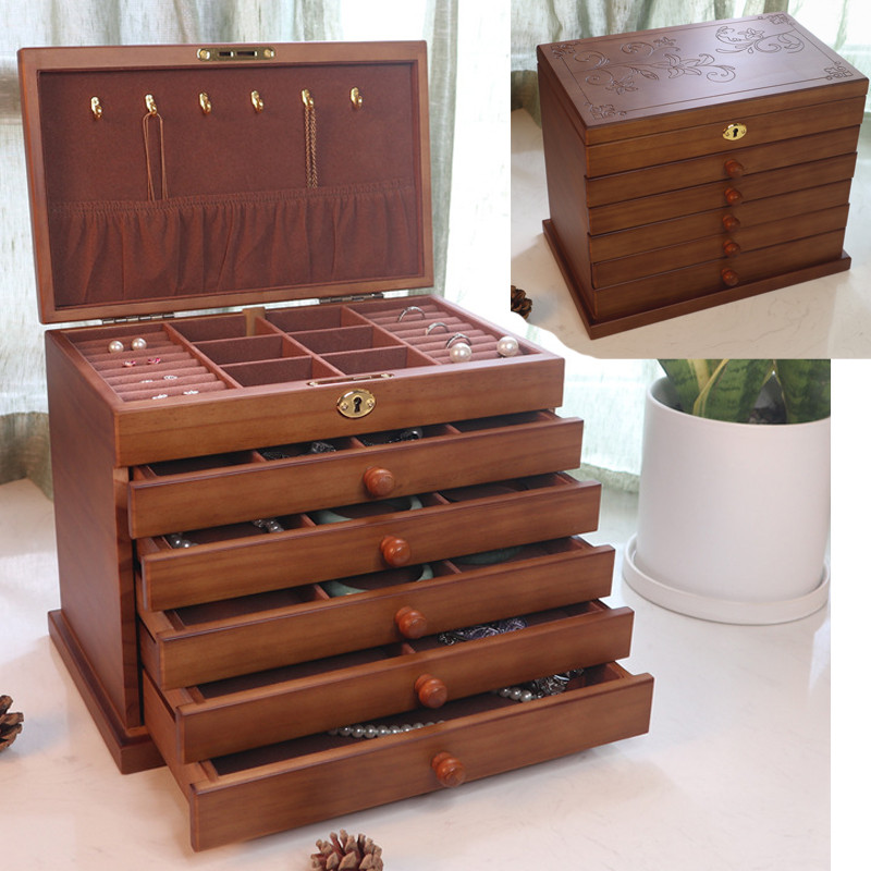 Medžio masyvo šešių sluoksnių brangakmenių dėžutė didelės talpos su užraktu Retro auskarai Auskarai karoliai papuošalai Dovanų raižyti papuošalų dėžutė