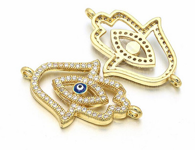 17 * 27 mm-es kézzel készített sárgaréz cirkónium zománc Evil Eyes Hamsa Hand Charms csatlakozók Diy Jewelry Findings, Model: VS96