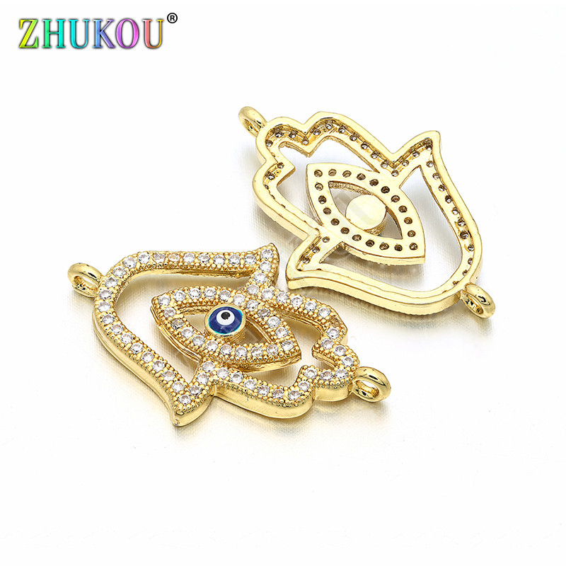 17 * 27 mm-es kézzel készített sárgaréz cirkónium zománc Evil Eyes Hamsa Hand Charms csatlakozók Diy Jewelry Findings, Model: VS96