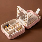 Ékszerdoboz Hordozható bőr ékszertartó doboz kijelző Utazási ékszer tok dobozok tükörrel bőr tároló fülbevaló tartóval