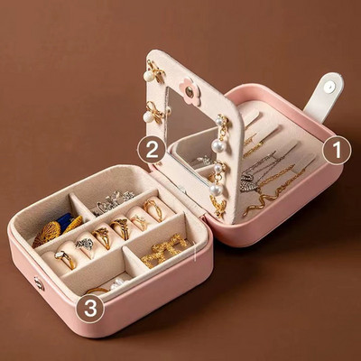 Jewelry Box Φορητό Δερμάτινο Jewelry Organizer Box Display Κιβώτια κοσμημάτων ταξιδιού με δερμάτινη θήκη για σκουλαρίκι αποθήκευσης καθρέφτη