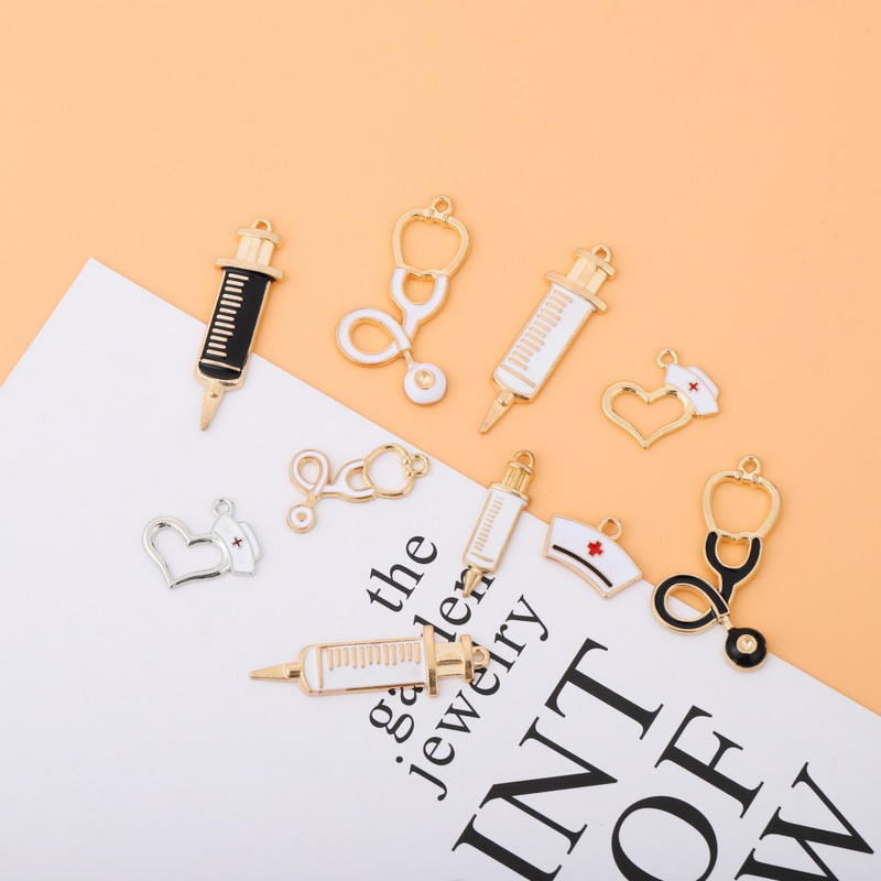 10 bucăți smalț pentru instrumente medicale, seringă, seringă, stetoscop, pandantiv pentru fabricarea de bijuterii, accesorii de artizanat