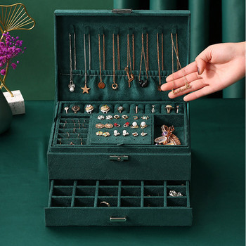 Fashion Green Velvet 2/3 Layers Jewelry Box Organizer Μεγάλο σκουλαρίκι κολιέ Θήκες μακιγιάζ Φανελένιο κουτί κοσμημάτων με κλειδαριά