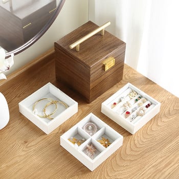 Casegrace 3-в-1 Кутия за органайзер за бижута Дървена квадратна кутия за съхранение на бижута Подарък за обеци, пръстен, колие, куфар, кутия за бижута