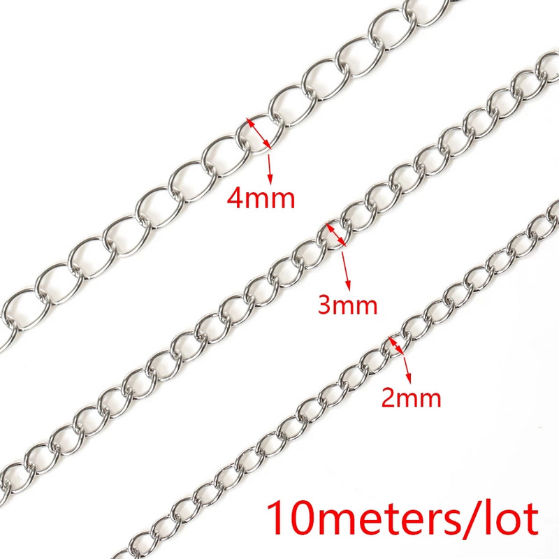 10 méteres, 2/3/4 mm-es rozsdamentes acél lánc csavart láncszem lánc barkács ékszer készítéshez nyaklánc karkötő farok meghosszabbító lánc kiegészítők
