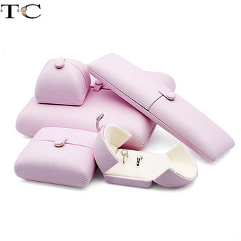 Ροζ δερμάτινο κουμπάκι διπλής όψης κοσμήματα που ανοίγουν Κουτί συσκευασίας δώρου Πρόταση Κουτί διπλό δαχτυλιδιό Κουτί συλλογής μαργαριταρένιου κολιέ