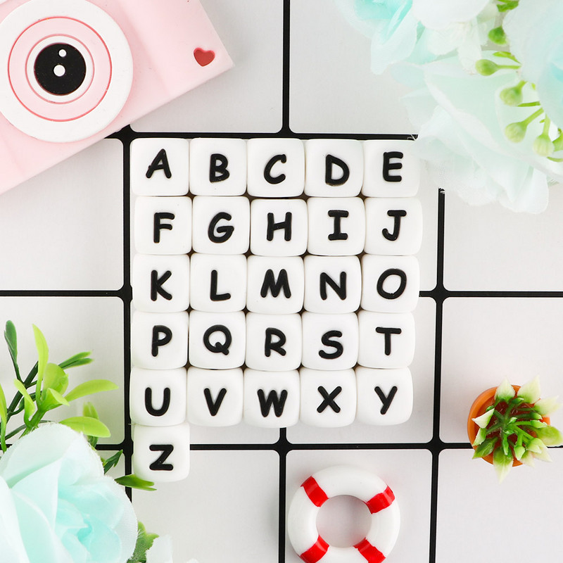 12 mm 100 buc. margele din silicon cu litere alfabetului englezesc pentru dentisor pentru nume personalizat, lant de suzeta pentru fabricarea de bijuterii