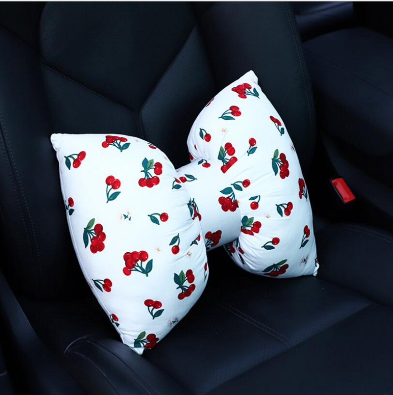 Naslon za glavu u automobilu. Slatka mašna i trešnja. Jastuk za ženski struk Lumbalni jastuk. Kreativni jastuk za glavu u automobilu, ukrasi za jastuke za vrat.