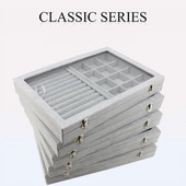 Husă mare de transport, gri catifea, cu capac de sticlă, cutie de afișare pentru bijuterii, suport pentru tavă, cutie de depozitare, organizator, cercei, brățară inel