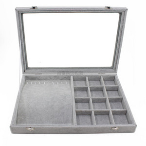 Husă mare de transport, gri catifea, cu capac de sticlă, cutie de afișare pentru bijuterii, suport pentru tavă, cutie de depozitare, organizator, cercei, brățară inel