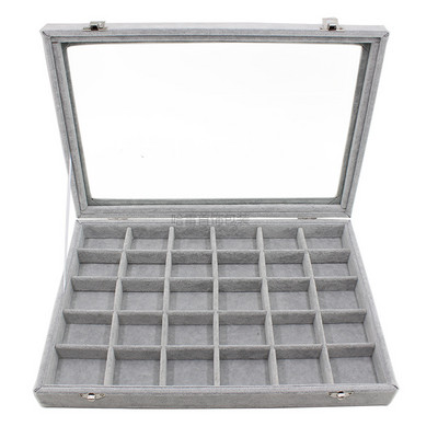 Husă mare de transport, gri catifea, cu capac de sticlă, cutie de afișare pentru bijuterii, suport pentru tavă, cutie de depozitare, organizator, cercei, brățară inel