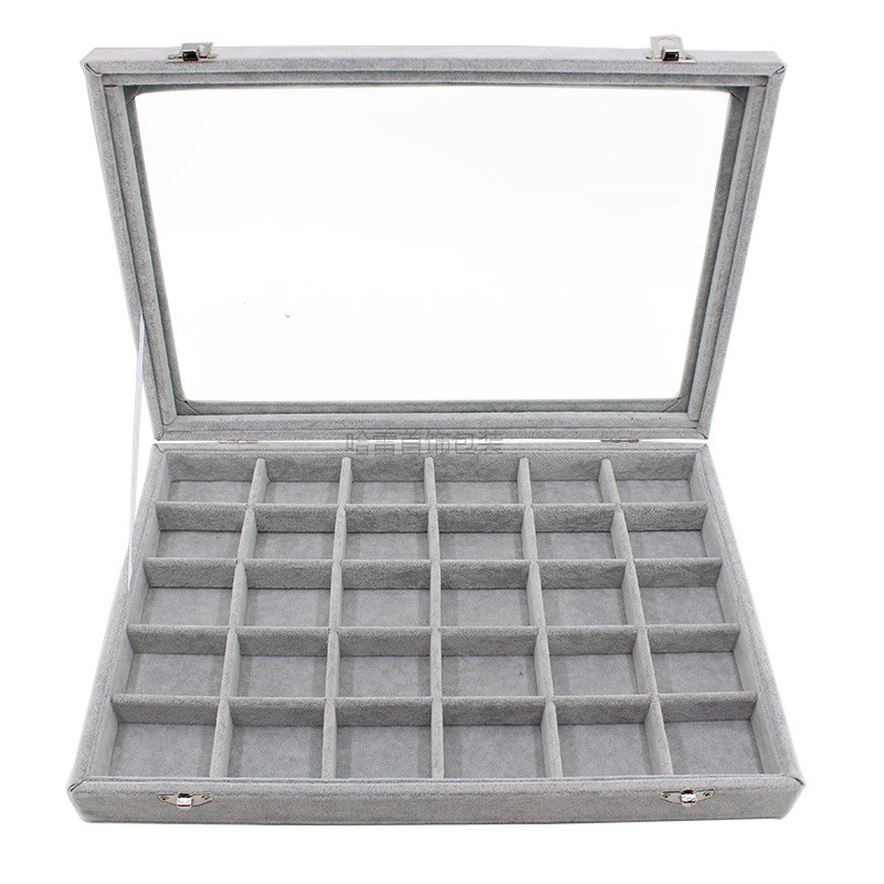 Husă mare de transport, gri catifea, cu capac de sticlă, cutie de afișare pentru bijuterii, suport pentru tavă, cutie de depozitare, organizator, cercei, brățară inel