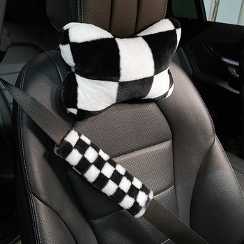 Облегалка за глава на кола Зимна плюшена възглавница за врата на кола Черно-бяла Модна топла възглавница за шийката на матката Възглавница за облегалка за глава на кола