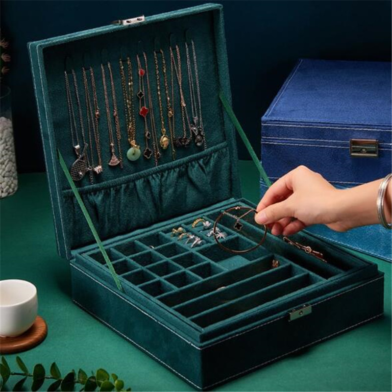 WE nauja žalia mėlyna daugiafunkcė aksominė didelė papuošalų dėžutė moterims karolių laikymo žiedų vitrinos flanelinių papuošalų laikiklis