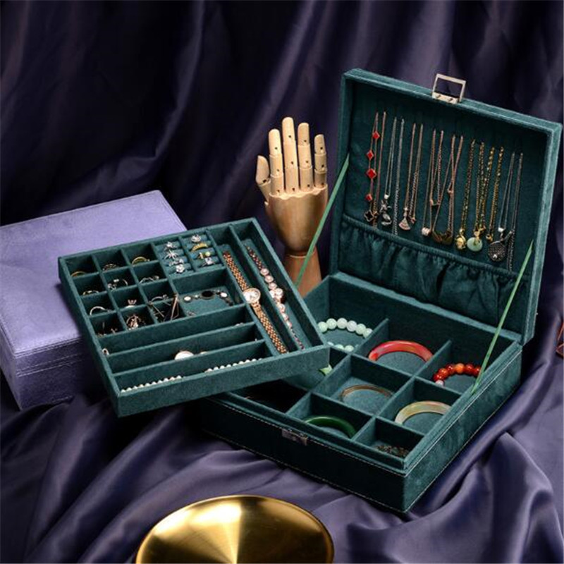 WE nauja žalia mėlyna daugiafunkcė aksominė didelė papuošalų dėžutė moterims karolių laikymo žiedų vitrinos flanelinių papuošalų laikiklis