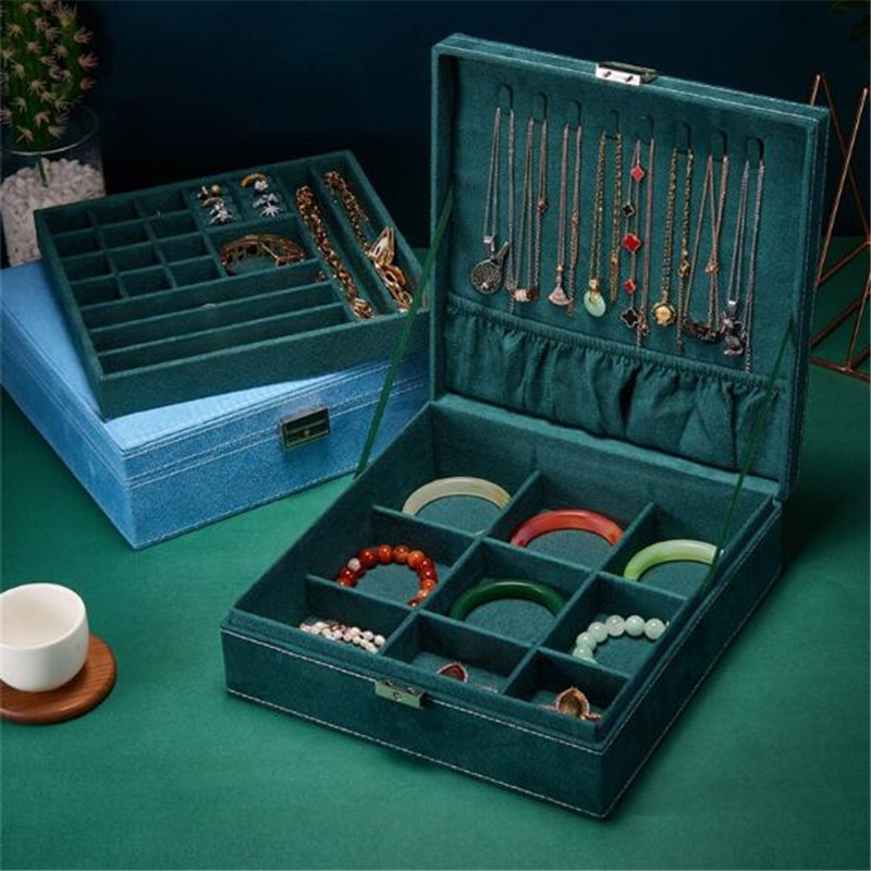 WE nauja žalia mėlyna daugiafunkcė aksominė didelė papuošalų dėžutė moterims karolių laikymo žiedų vitrinos flanelinių papuošalų laikiklis
