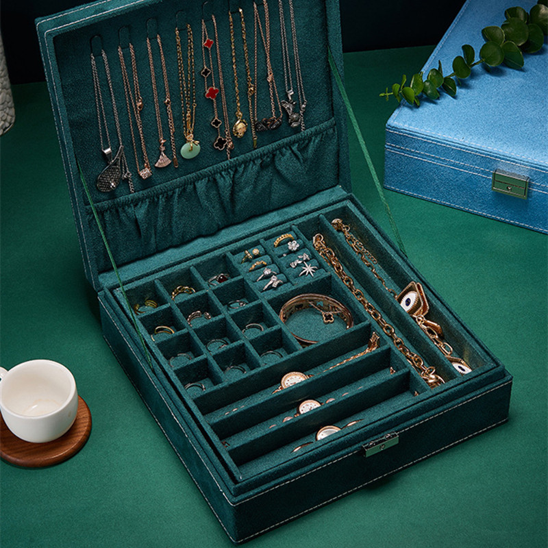WE nauja žalia mėlyna daugiafunkcė aksominė didelė papuošalų dėžutė moterims karolių laikymo žiedų vitrinos flanelinių papuošalų laikiklis