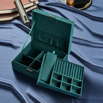 WE Green Velvet Fannel Двуслойна преносима кутия за бижута Дисплей Органайзер Калъф за съхранение на обеци Колие Пръстен Безопасна ключалка