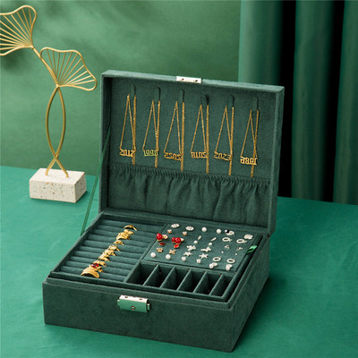 WE Zeleni baršunasti ventilator Dvoslojna prijenosna kutija za nakit Izložba Organizator Kutija za pohranu naušnica Ogrlica Prsten Sigurnosna brava