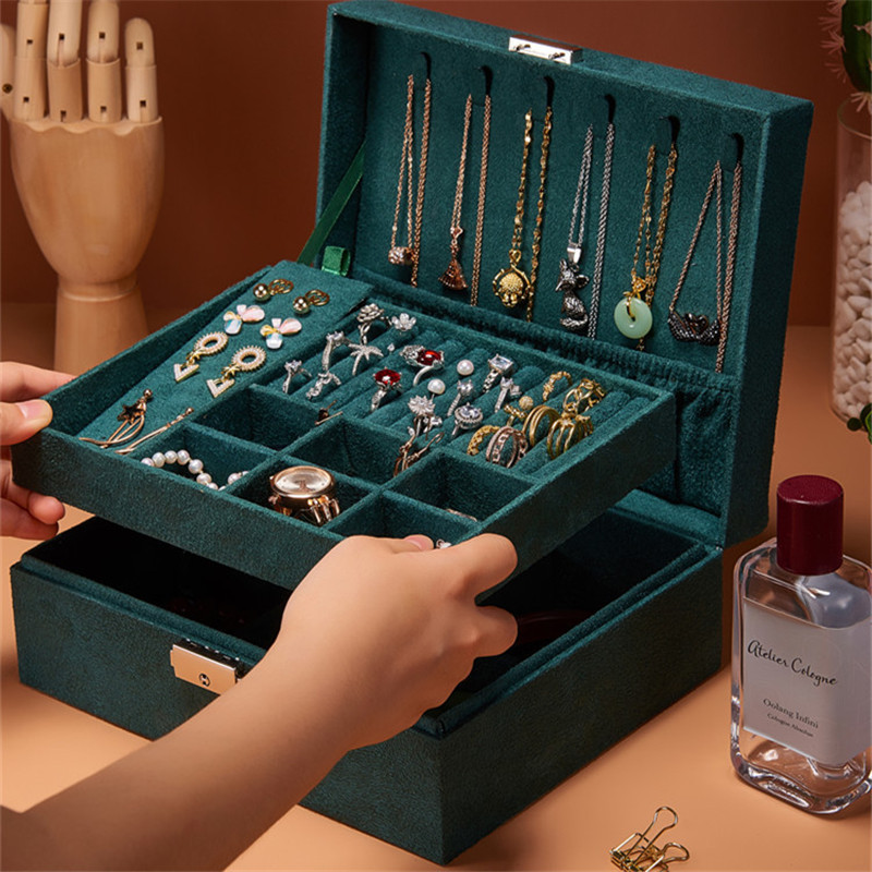 WE Zeleni baršunasti ventilator Dvoslojna prijenosna kutija za nakit Izložba Organizator Kutija za pohranu naušnica Ogrlica Prsten Sigurnosna brava