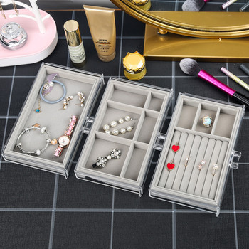 Прозрачна акрилна кутия за бижута с 3 чекмеджета Кадифен органайзер за бижута за жени Поставка за обеци Калъф за пръстени Колиета Гривни