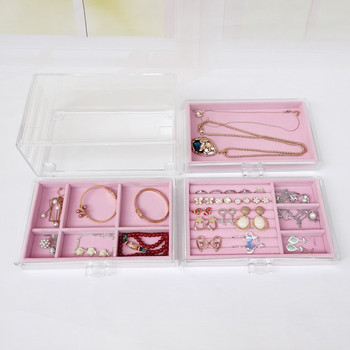 Прозрачна акрилна кутия за бижута с 3 чекмеджета Кадифен органайзер за бижута за жени Поставка за обеци Калъф за пръстени Колиета Гривни
