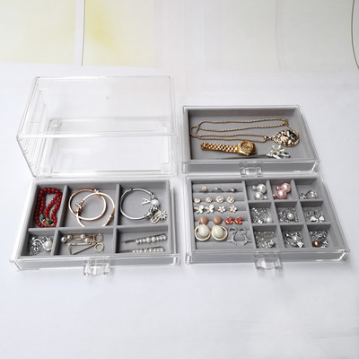 Skaidrus akrilo papuošalų dėžutė su 3 stalčiais Aksominis papuošalų laikiklis moterims Auskarų laikiklis Žiedai Dėklas karoliai Apyrankės