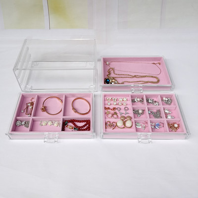 Skaidrus akrilo papuošalų dėžutė su 3 stalčiais Aksominis papuošalų laikiklis moterims Auskarų laikiklis Žiedai Dėklas karoliai Apyrankės