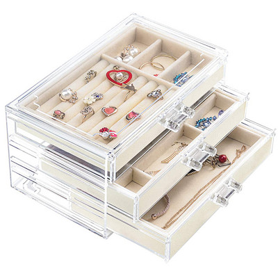 Skaidrus akrilo papuošalų dėžutė su 3 stalčiais Aksominis papuošalų laikiklis moterims Auskarų laikiklis Žiedai Dėklas karoliai Apyrankės