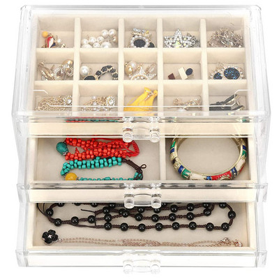 Skaidrus akrilo papuošalų dėžutė su 3 stalčiais Aksominis papuošalų laikiklis moterims Auskarų laikiklis Žiedai Dėklas karoliai Apyrankės