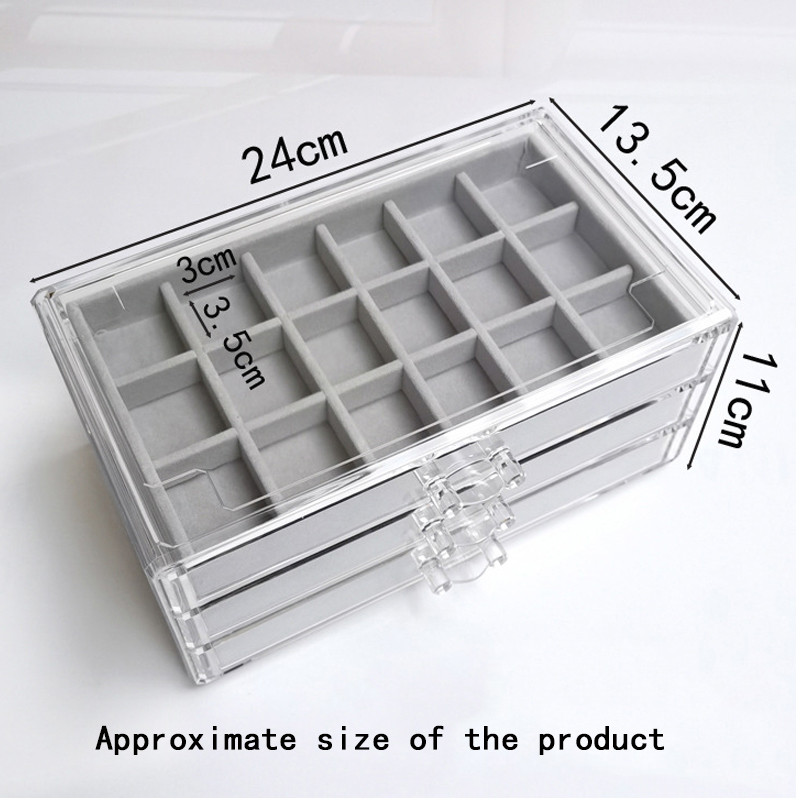 Skaidrus akrilo papuošalų dėžutė su 3 stalčiais Aksominis papuošalų laikiklis moterims Auskarų laikiklis Žiedai Dėklas karoliai Apyrankės