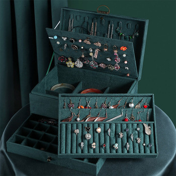 Νέο μεγάλης χωρητικότητας πράσινο 5-στρώσεων φανελένιο κοσμήματα Organizer Box Δαχτυλίδι Κολιέ Βελούδινο κοσμηματοπωλείο με κλειδαριά Γυναικείο δώρο